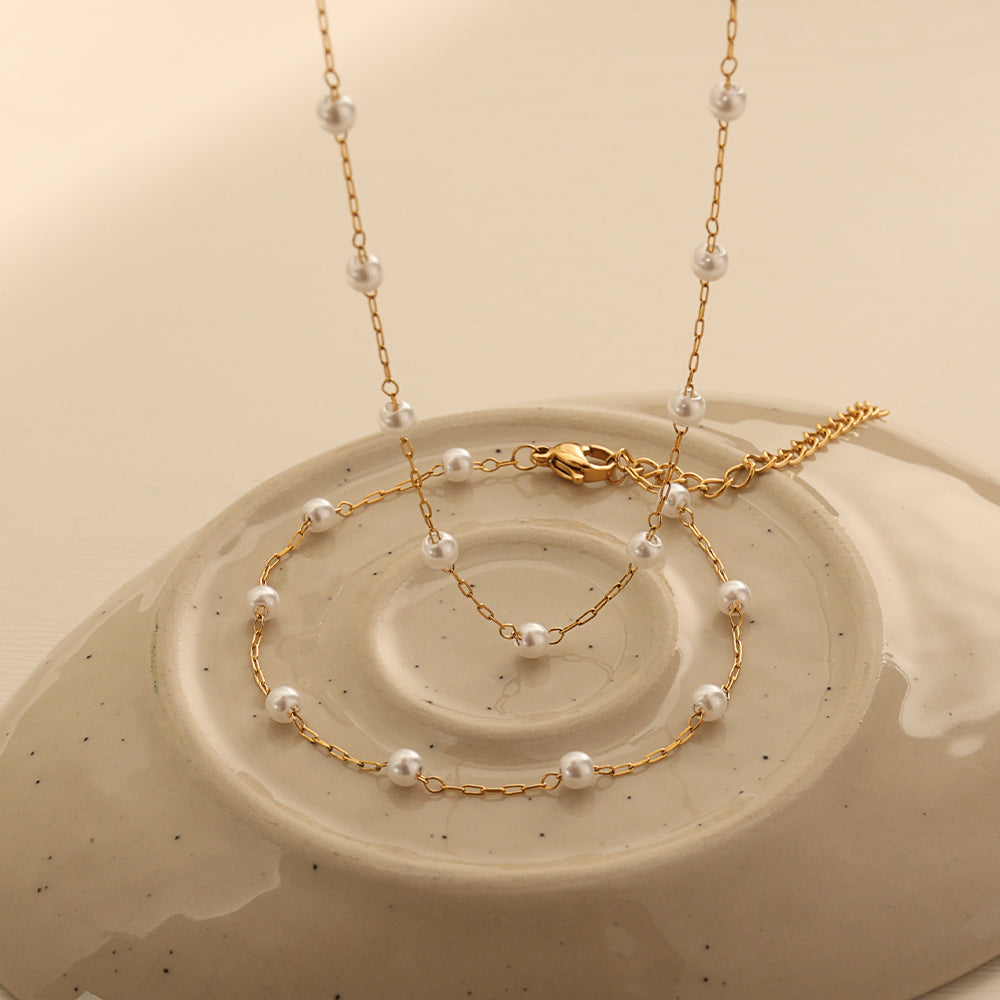 Layered Pearl Set (Gold) (Necklace + Bracelet)