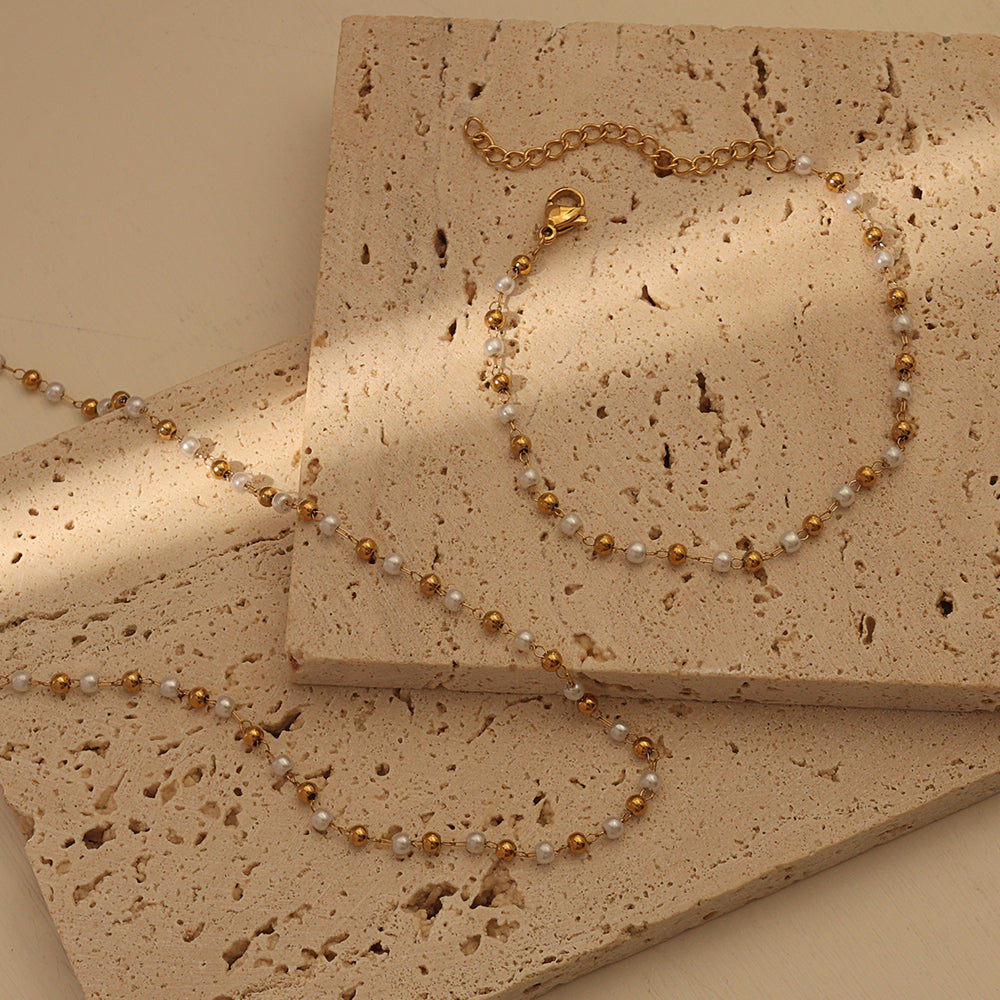 Mini Pearl Station Set (Gold) (Necklace + Bracelet)