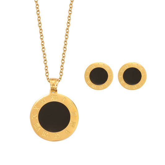 Black Enamel Coin Set  (Necklace + Earrings)