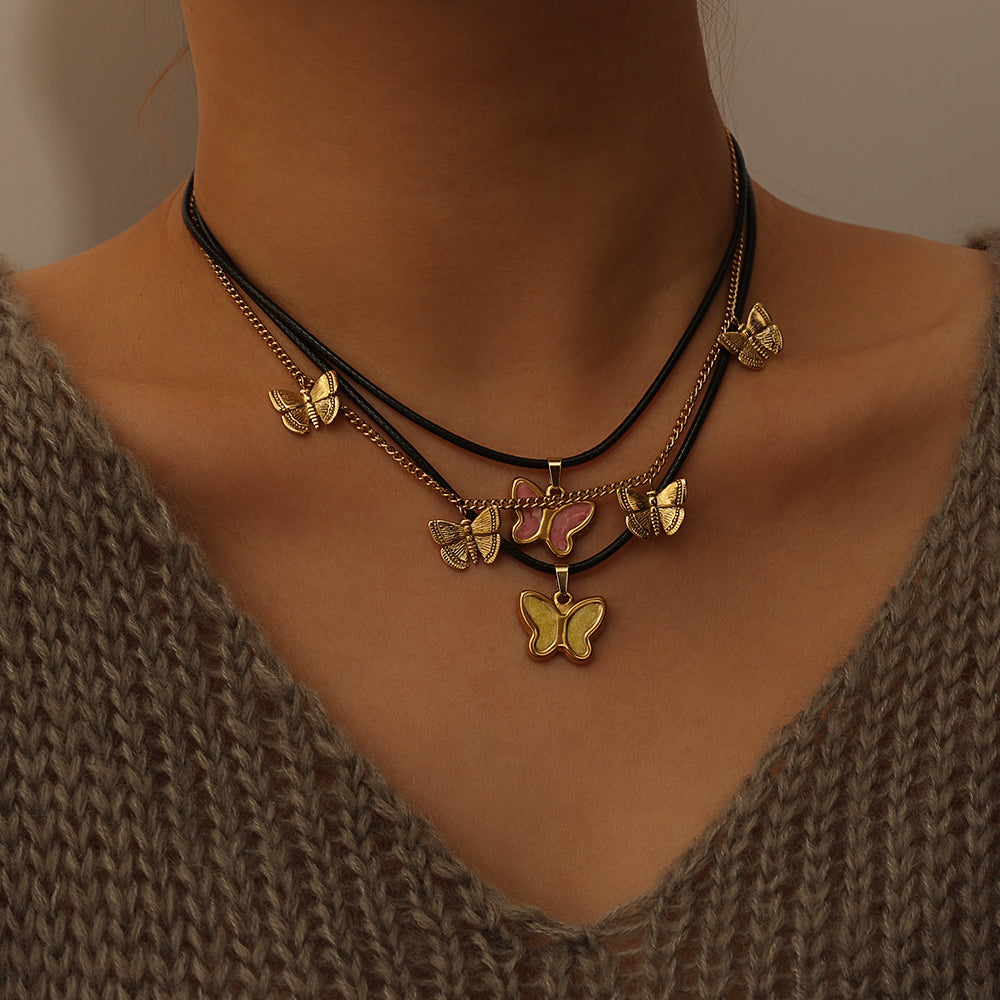 Enamel Butterfly Necklace (Blue or Yellow) – Gold (39.5 + 8 cm)