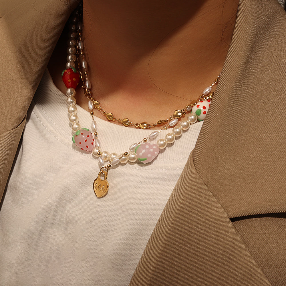 Beads & Ceramic Flower Necklace – Gold (42.5 + 5 cm)