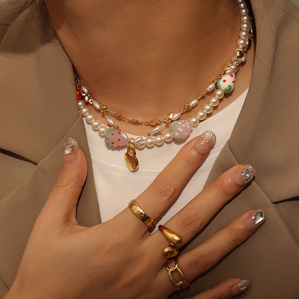 Beads & Ceramic Flower Necklace – Gold (42.5 + 5 cm)